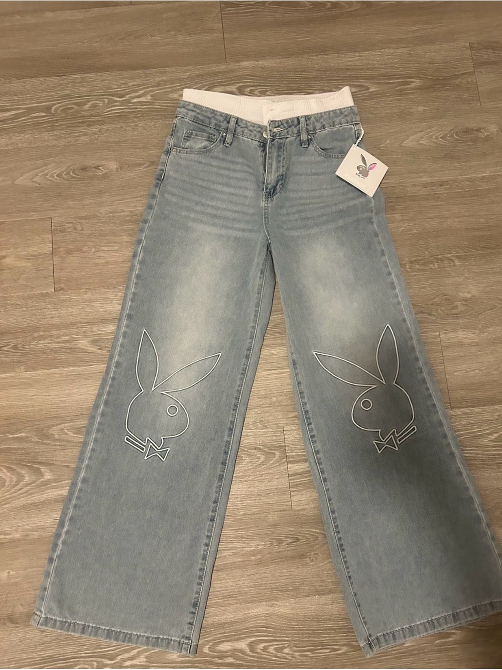 PLAYBOY Light Blue Wide Leg Jeans with Bunny Outline